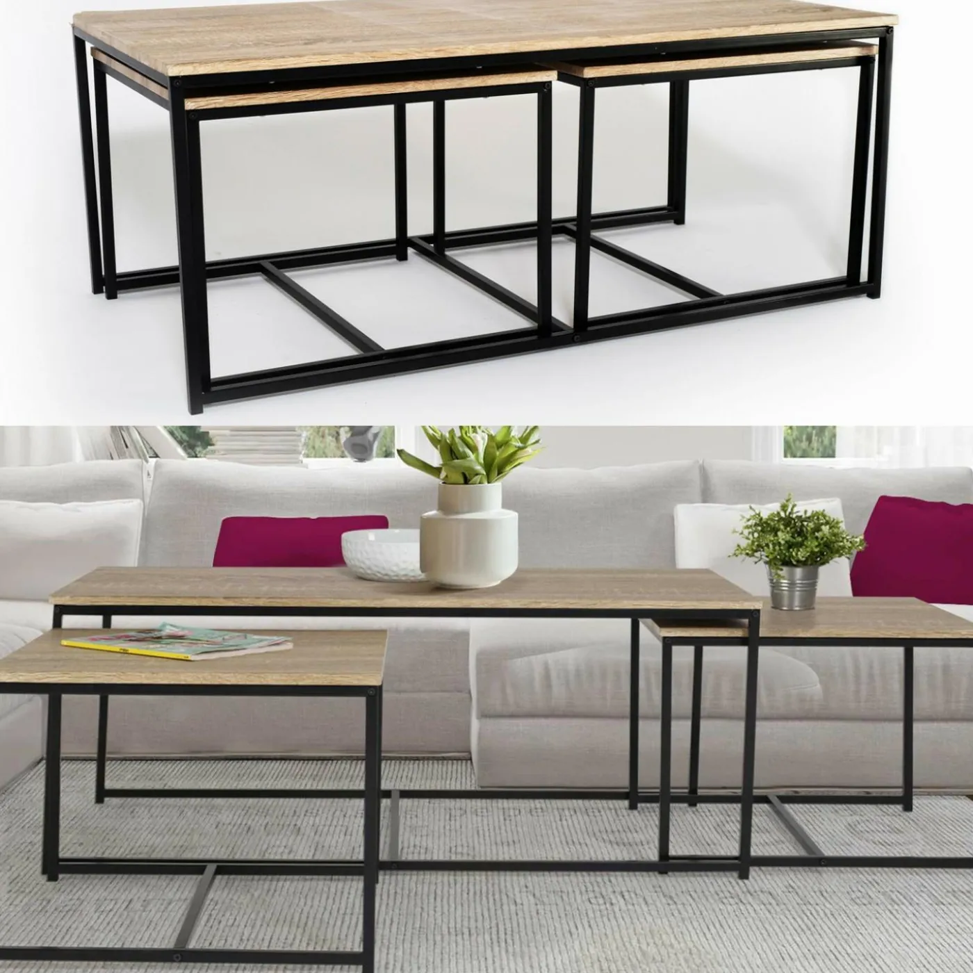 Lot de 3 tables basses de salon gigognes industrielles