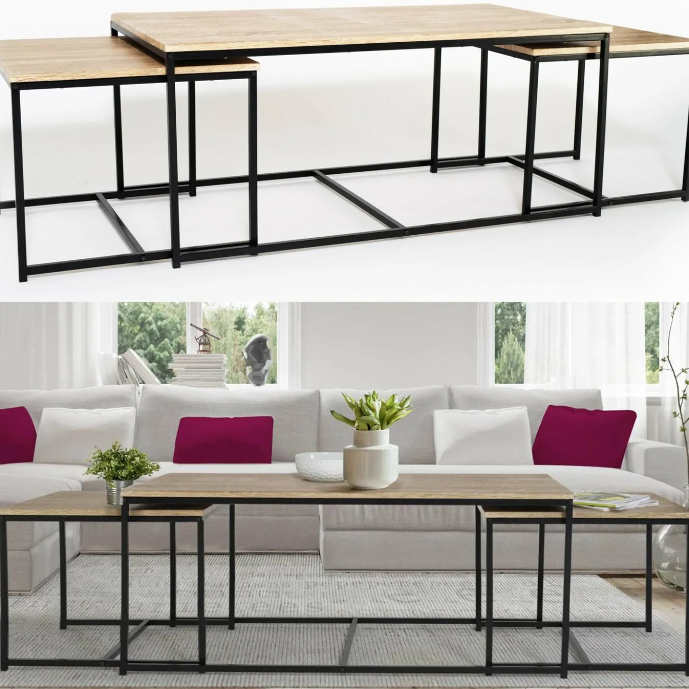 Lot de 3 tables basses de salon gigognes industrielles