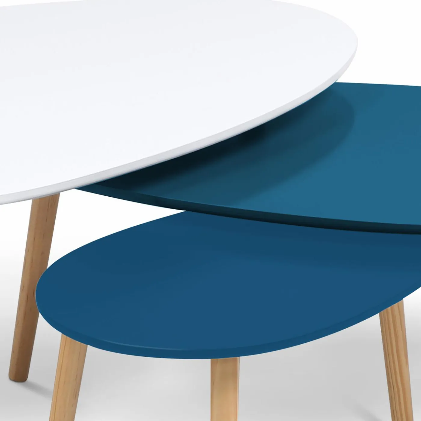 Lot de 3 tables basses de salon gigognes scandinaves laquées blanches et bleues