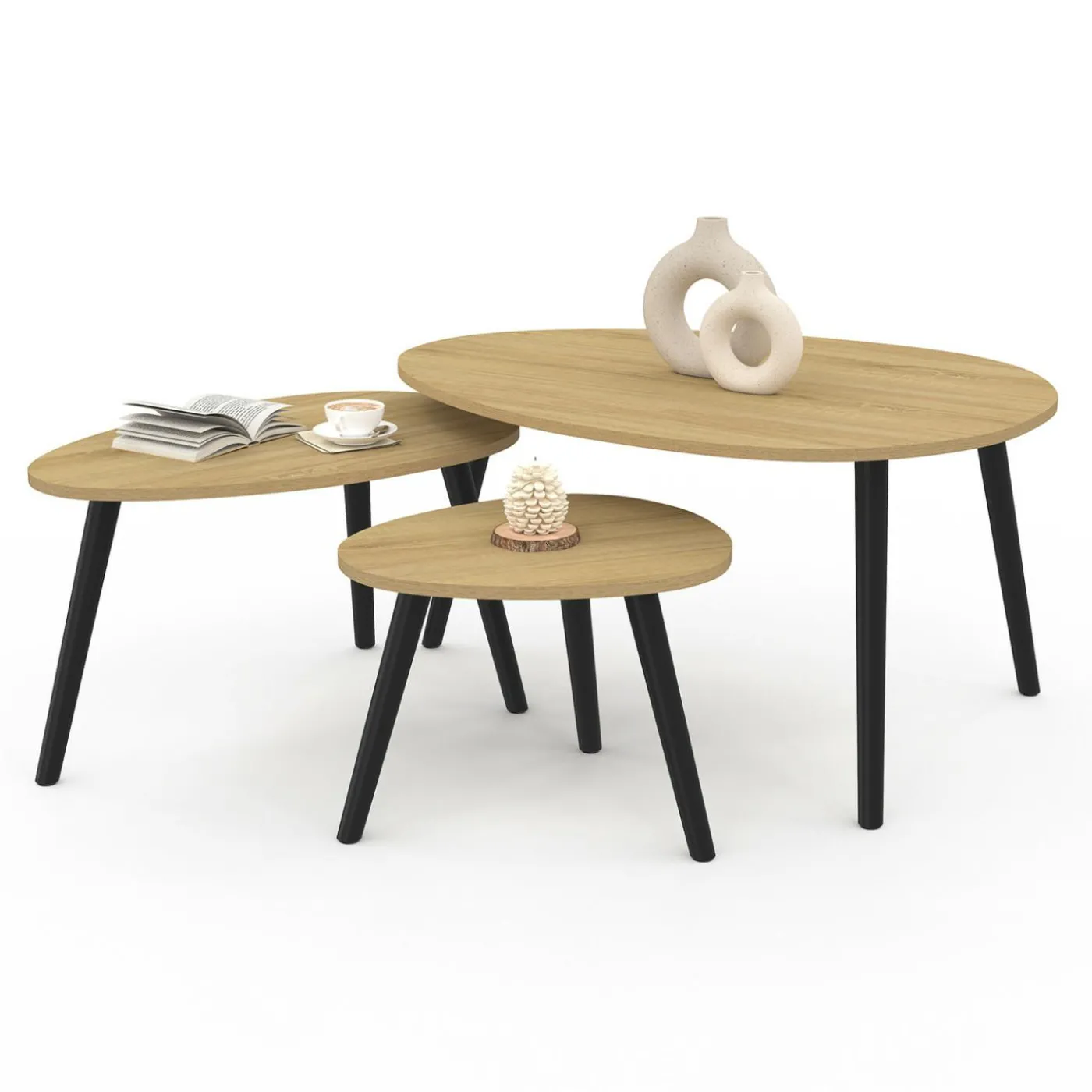 Lot de 3 tables basses gigognes bois et pieds noirs scandinave