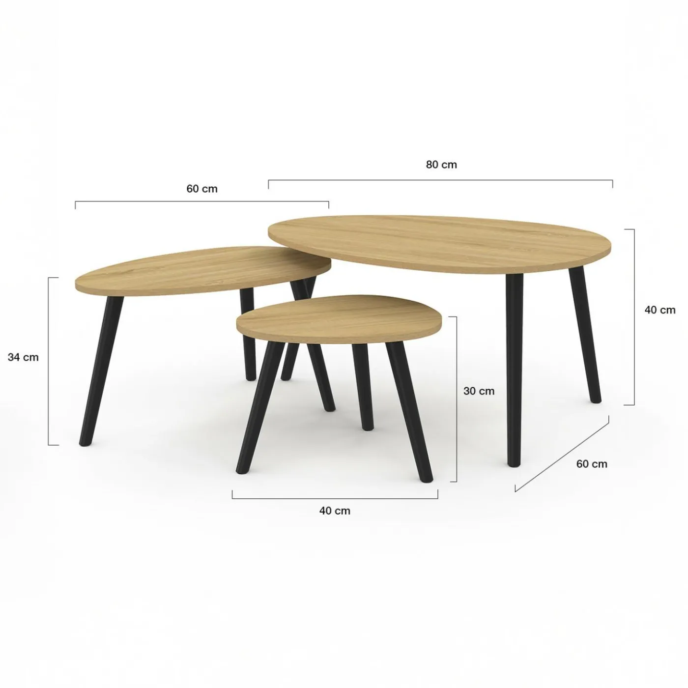 Lot de 3 tables basses gigognes bois et pieds noirs scandinave