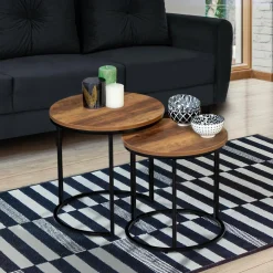 Lot de 2 tables basses gigognes rondes style industriel bois foncé