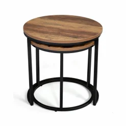 Lot de 2 tables basses gigognes rondes style industriel bois foncé
