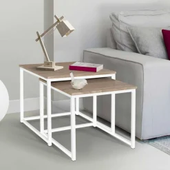 Lot de 2 tables basses gigognes bois et métal blanc