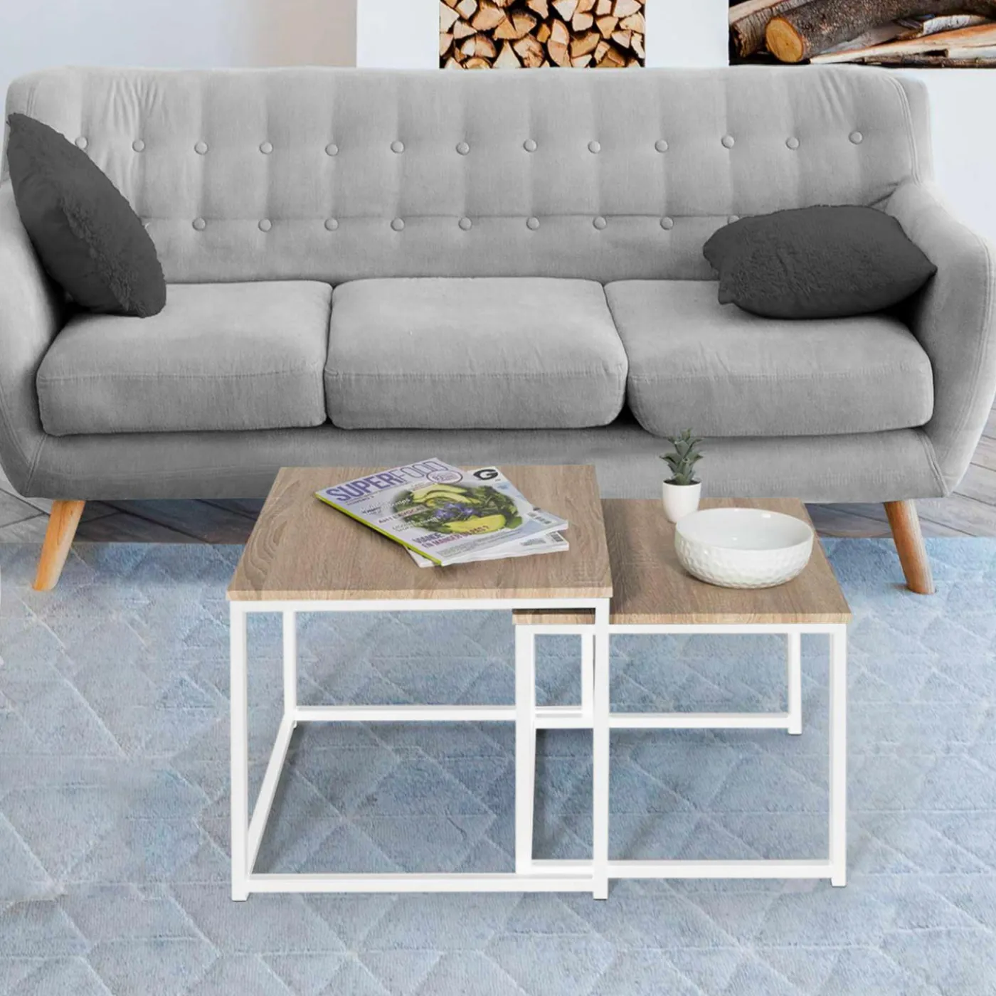 Lot de 2 tables basses gigognes bois et métal blanc