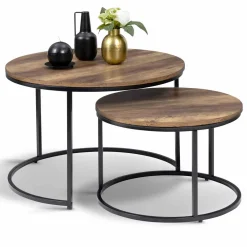 Lot de 2 tables basses gigognes rondes bois foncé et métal