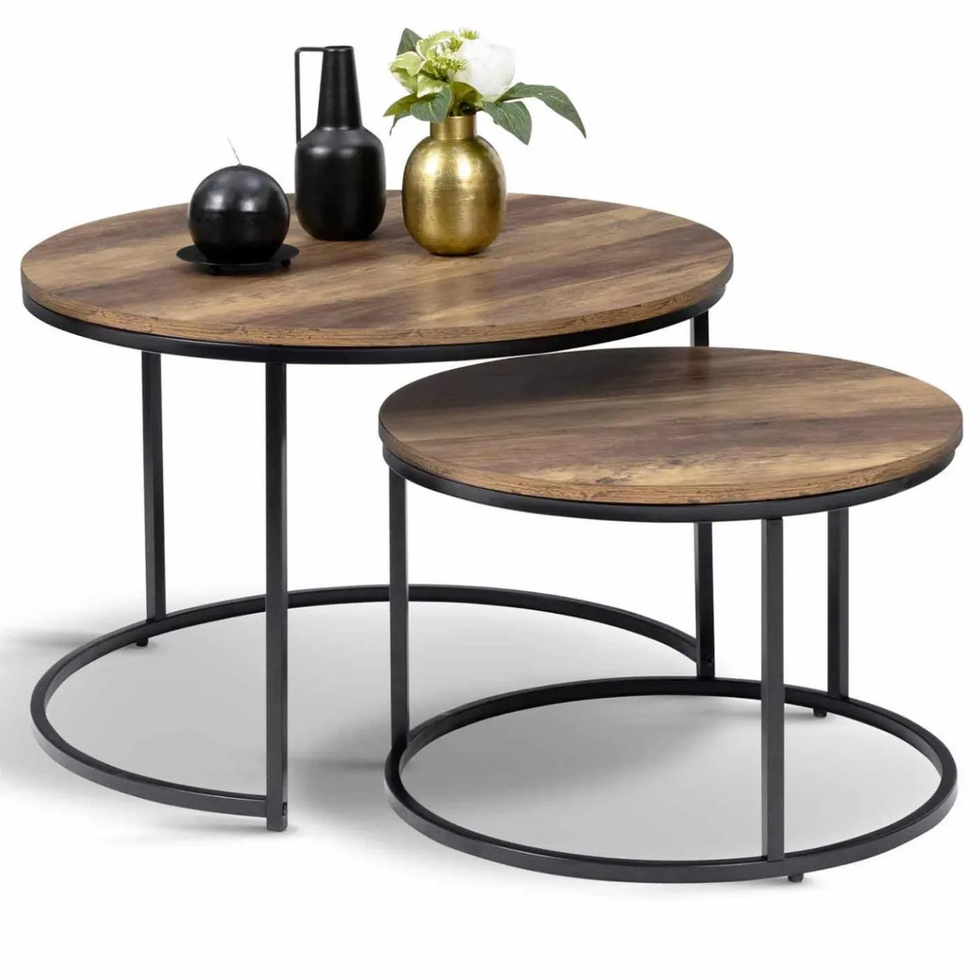 Lot de 2 tables basses gigognes rondes bois foncé et métal