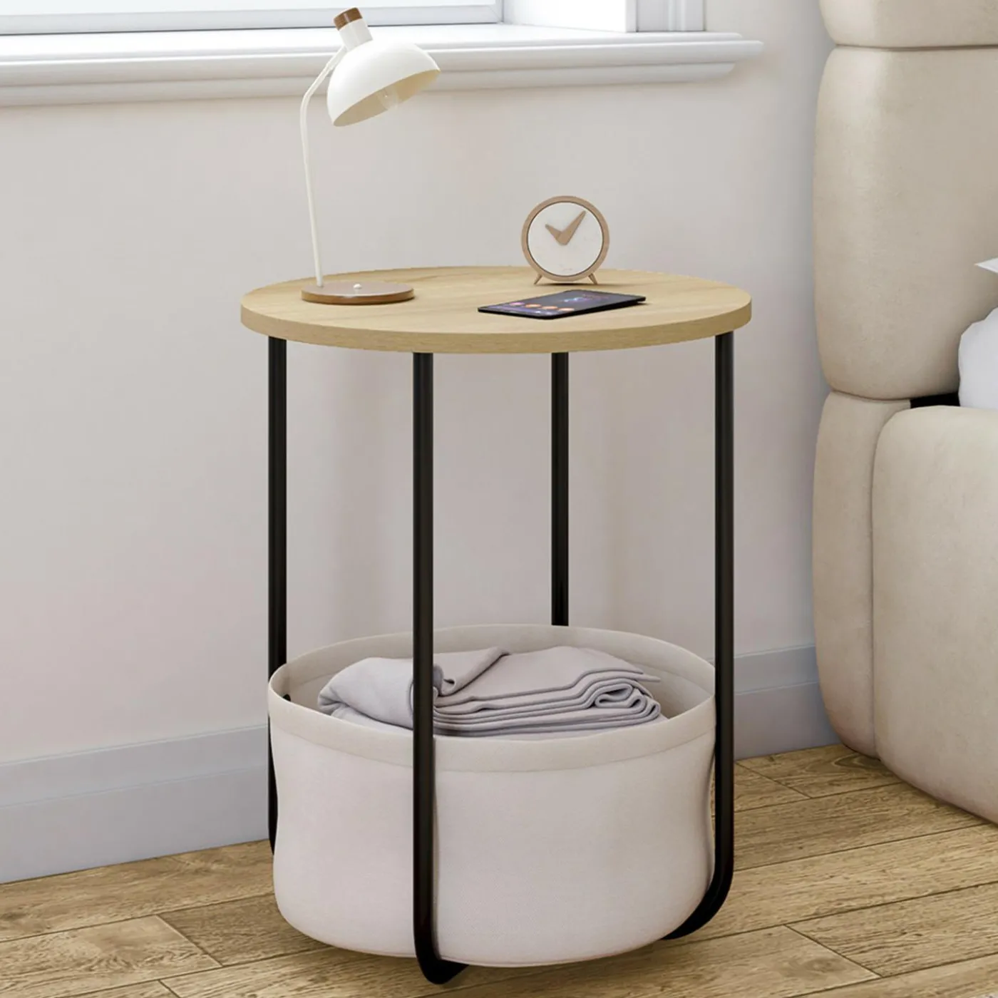 Lot de 2 tables de chevet, d'appoint, bout de canapé rondes avec panier en tissu