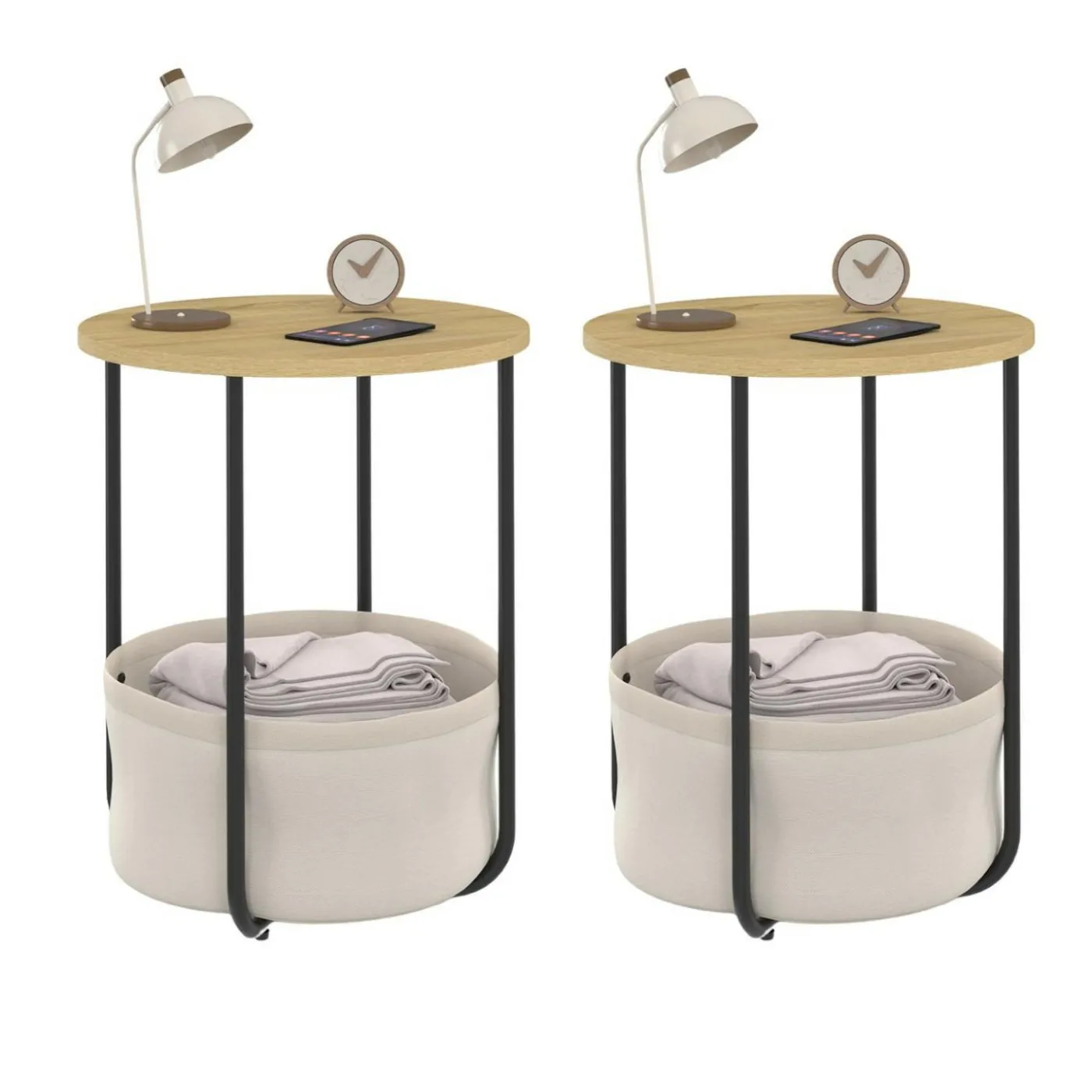 Lot de 2 tables de chevet, d'appoint, bout de canapé rondes avec panier en tissu