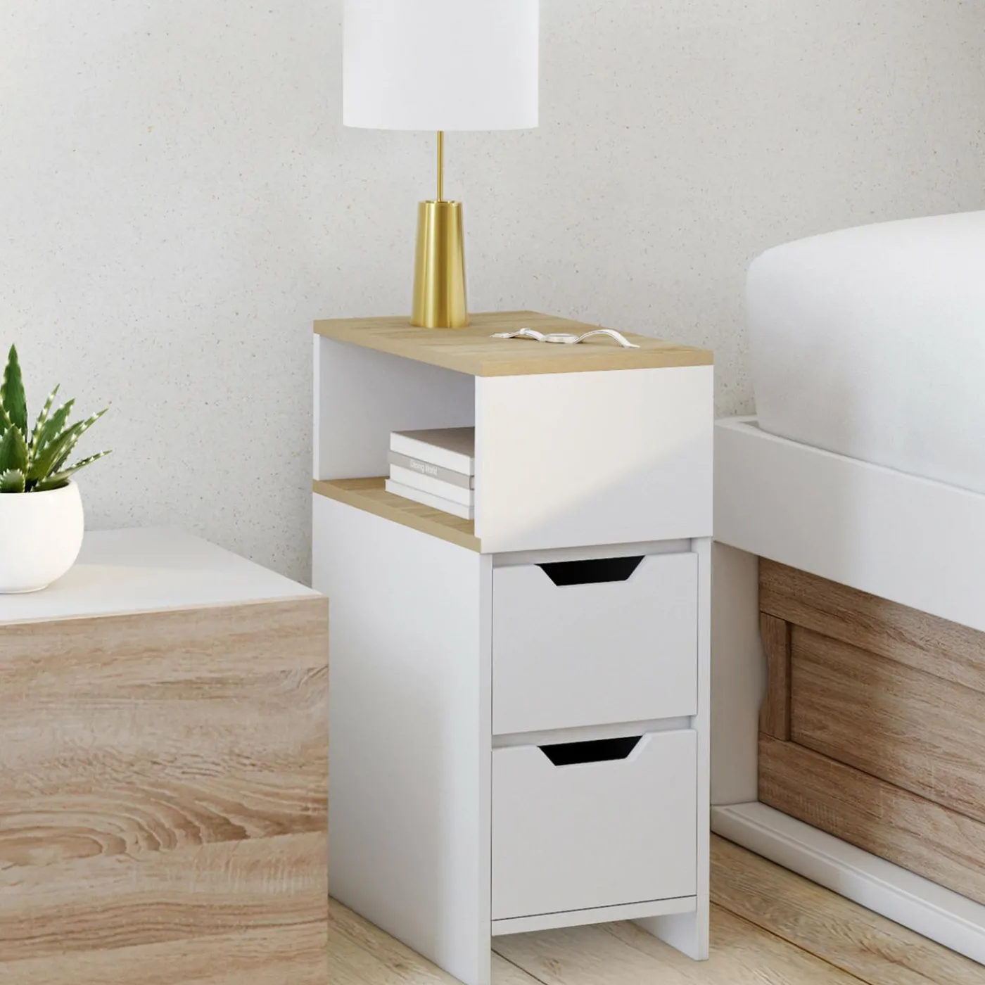 Lot de 2 tables de chevet bois et blanc 2 tiroirs avec niche latérale réversible