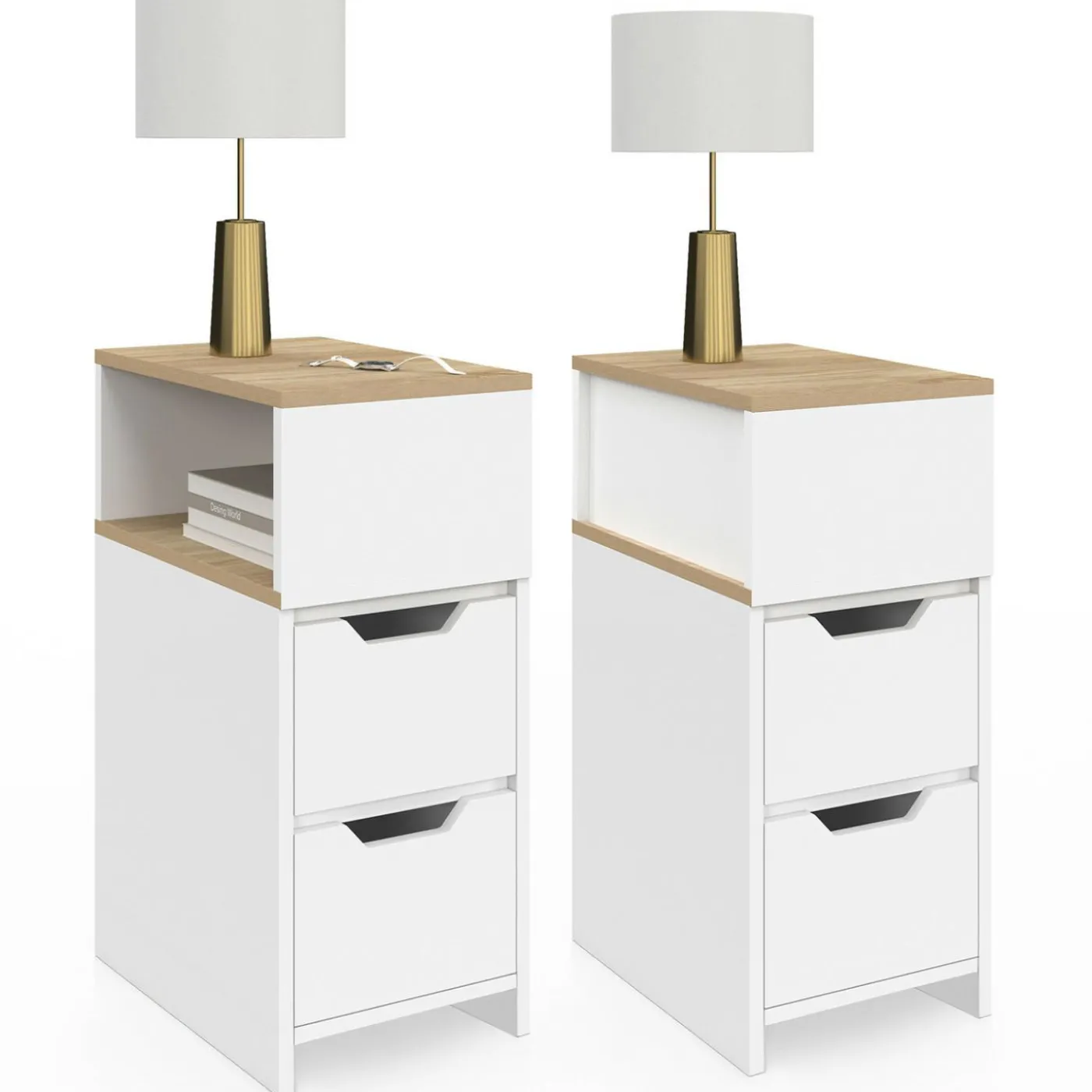 Lot de 2 tables de chevet bois et blanc 2 tiroirs avec niche latérale réversible