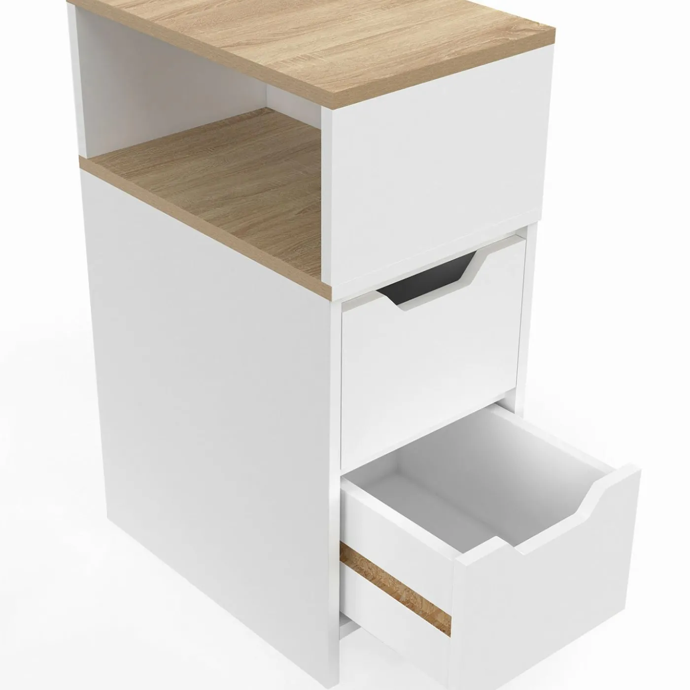 Lot de 2 tables de chevet bois et blanc 2 tiroirs avec niche latérale réversible