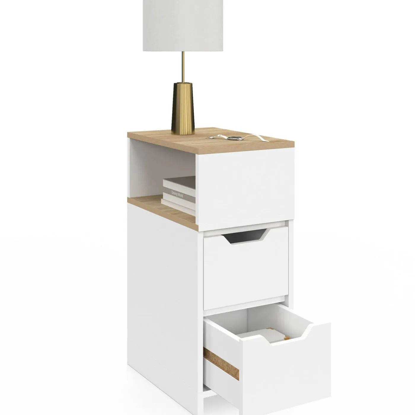 Lot de 2 tables de chevet bois et blanc 2 tiroirs avec niche latérale réversible