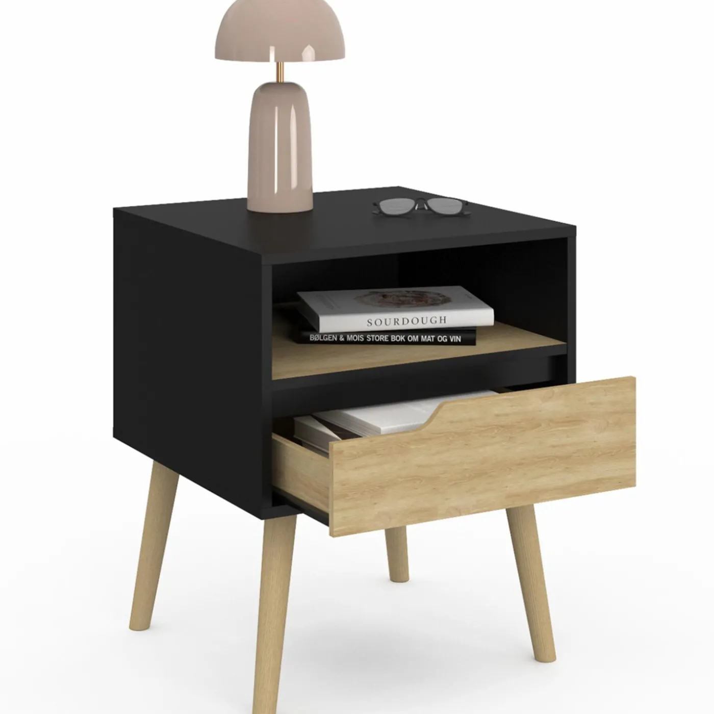 Lot de 2 tables de chevet scandinaves avec tiroir bois noir et effet hêtre