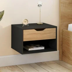 Lot de 2 tables de chevet suspendues 1 tiroir avec niche en bois façon hêtre et noir
