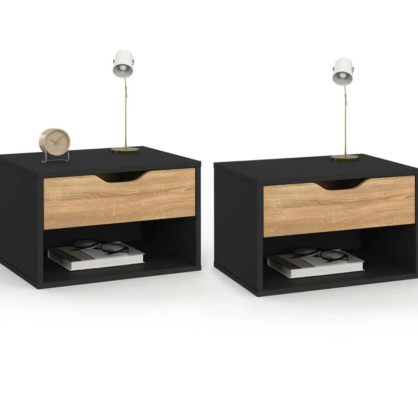 Lot de 2 tables de chevet suspendues 1 tiroir avec niche en bois façon hêtre et noir