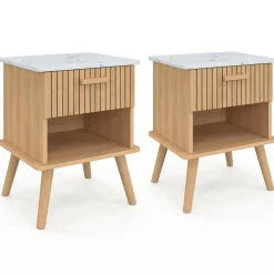 Lot de 2 tables de chevet JULIETTE plateau effet marbre 1 tiroir avec niche lattes tasseau bois