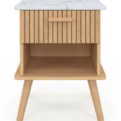 Lot de 2 tables de chevet JULIETTE plateau effet marbre 1 tiroir avec niche lattes tasseau bois