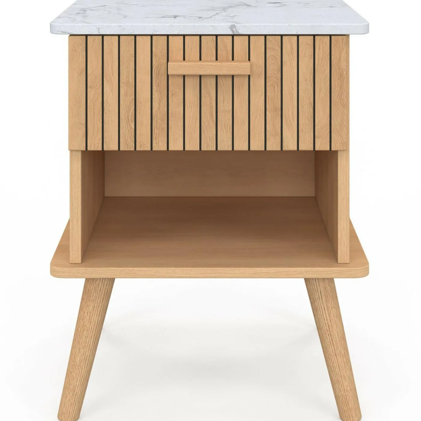 Lot de 2 tables de chevet JULIETTE plateau effet marbre 1 tiroir avec niche lattes tasseau bois