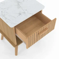 Lot de 2 tables de chevet JULIETTE plateau effet marbre 1 tiroir avec niche lattes tasseau bois