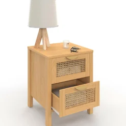 Lot de 2 tables de chevet 2 tiroirs cannage et bois