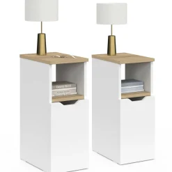 Lot de 2 tables de chevet bois et blanc 1 porte avec niche
