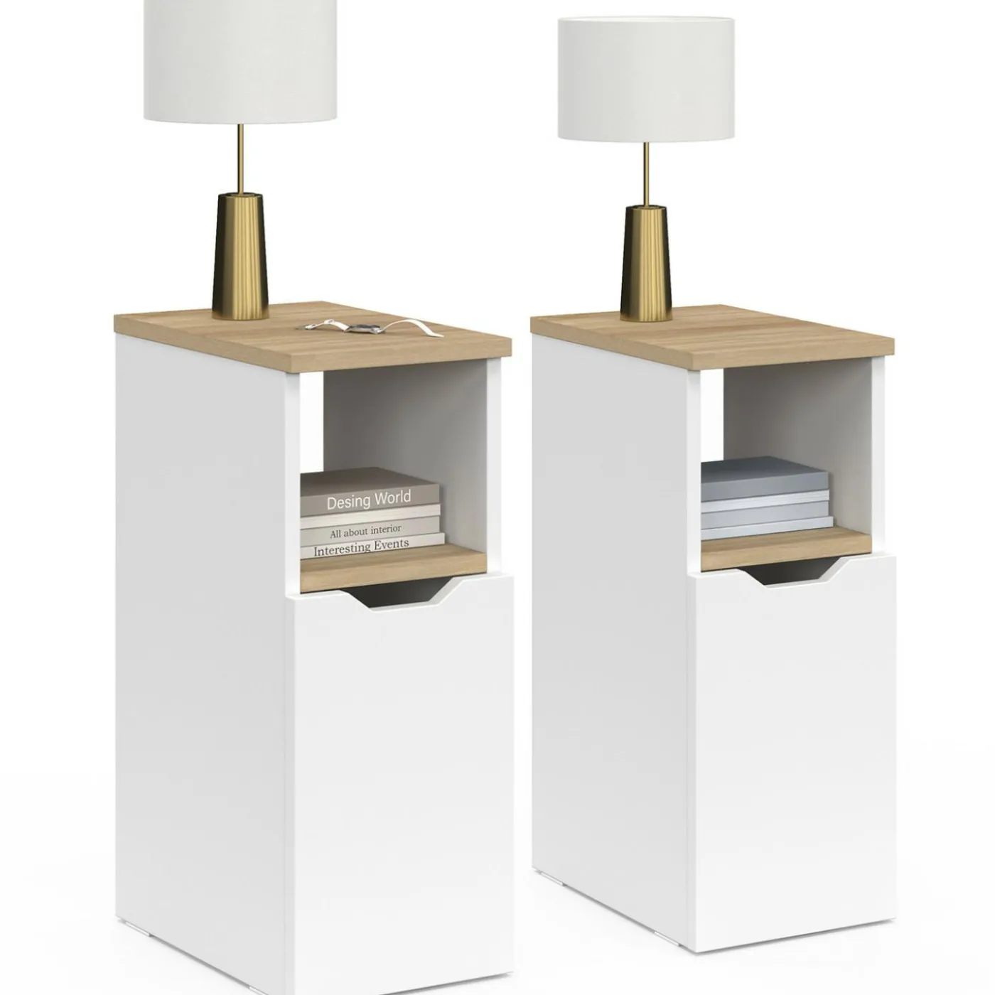 Lot de 2 tables de chevet bois et blanc 1 porte avec niche