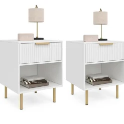Lot de 2 tables de chevet bois blanc avec 1 tiroir lattes tasseau, une niche et pieds doré