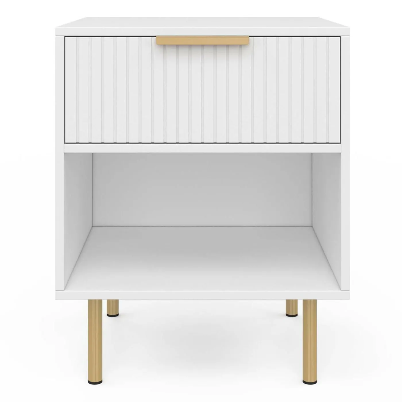 Lot de 2 tables de chevet bois blanc avec 1 tiroir lattes tasseau, une niche et pieds doré
