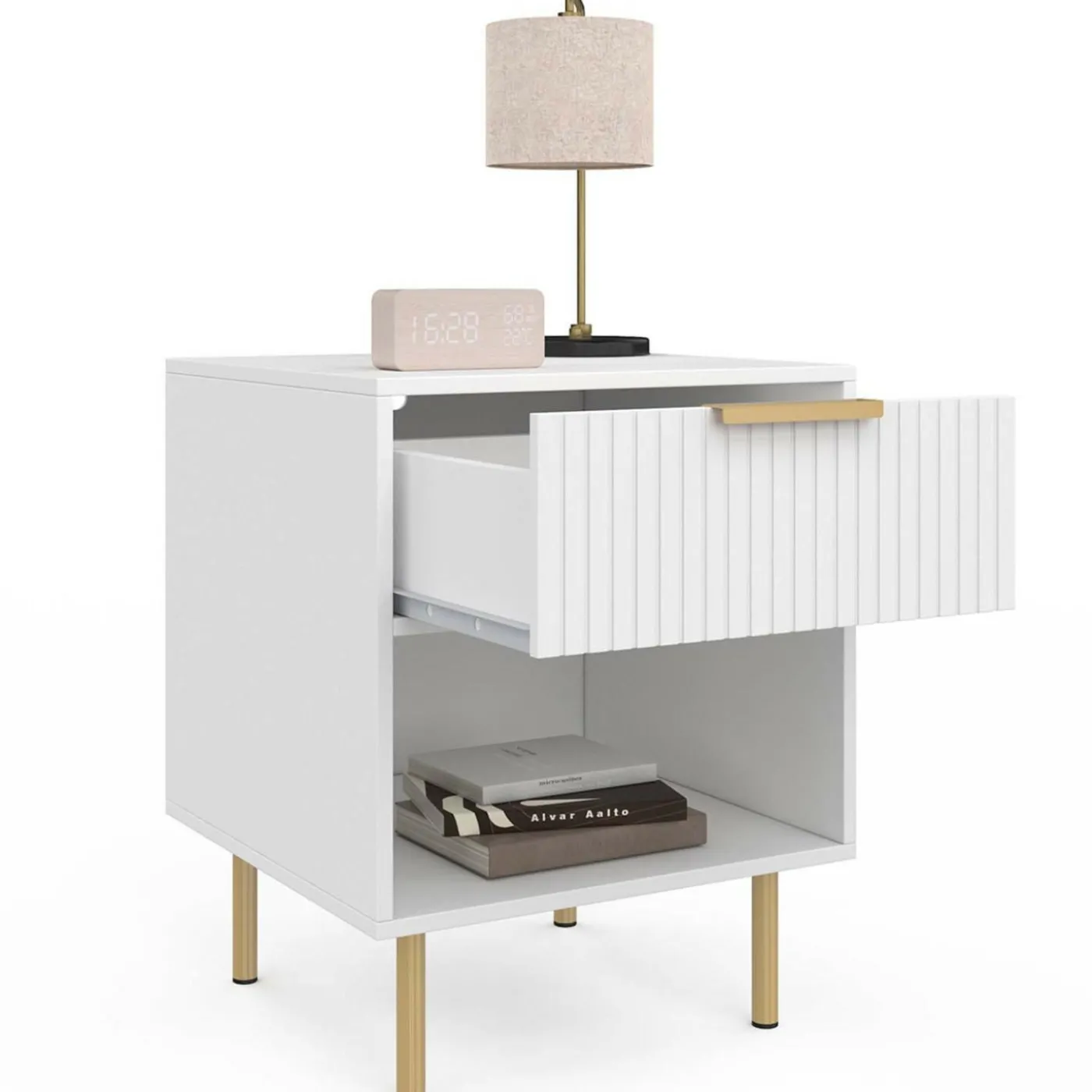 Lot de 2 tables de chevet bois blanc avec 1 tiroir lattes tasseau, une niche et pieds doré