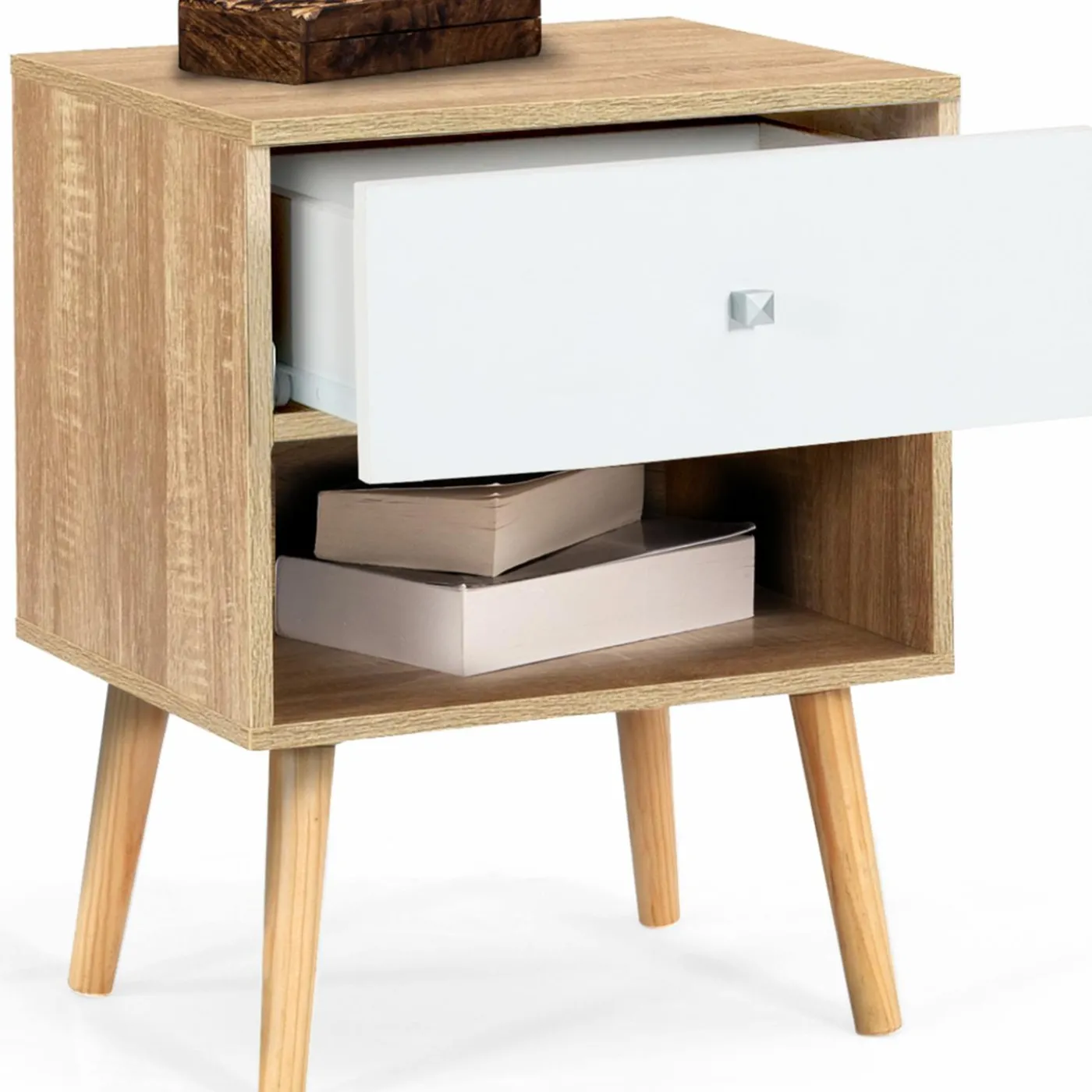 Lot de 2 tables de chevet scandinaves hêtre et blanc 1 tiroir