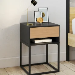 Lot de 2 tables de chevet 1 tiroir façon hêtre et 1 niche noire