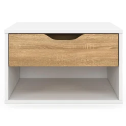 Lot de 2 tables de chevet suspendues 1 tiroir avec niche en bois façon hêtre et blanc
