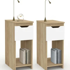 Lot de 2 tables de chevet 1 tiroir avec niche bois façon hêtre et blanc