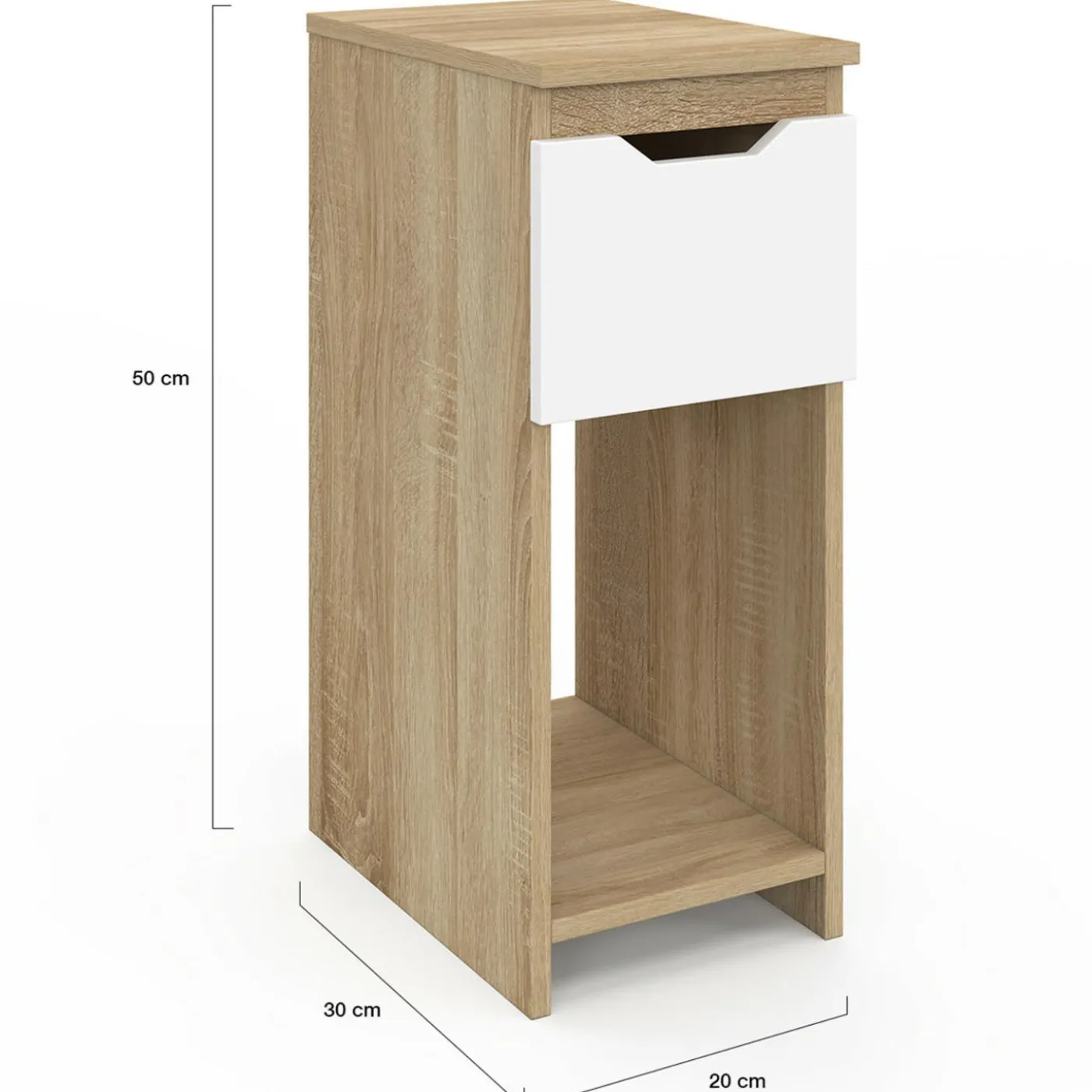 Lot de 2 tables de chevet 1 tiroir avec niche bois façon hêtre et blanc