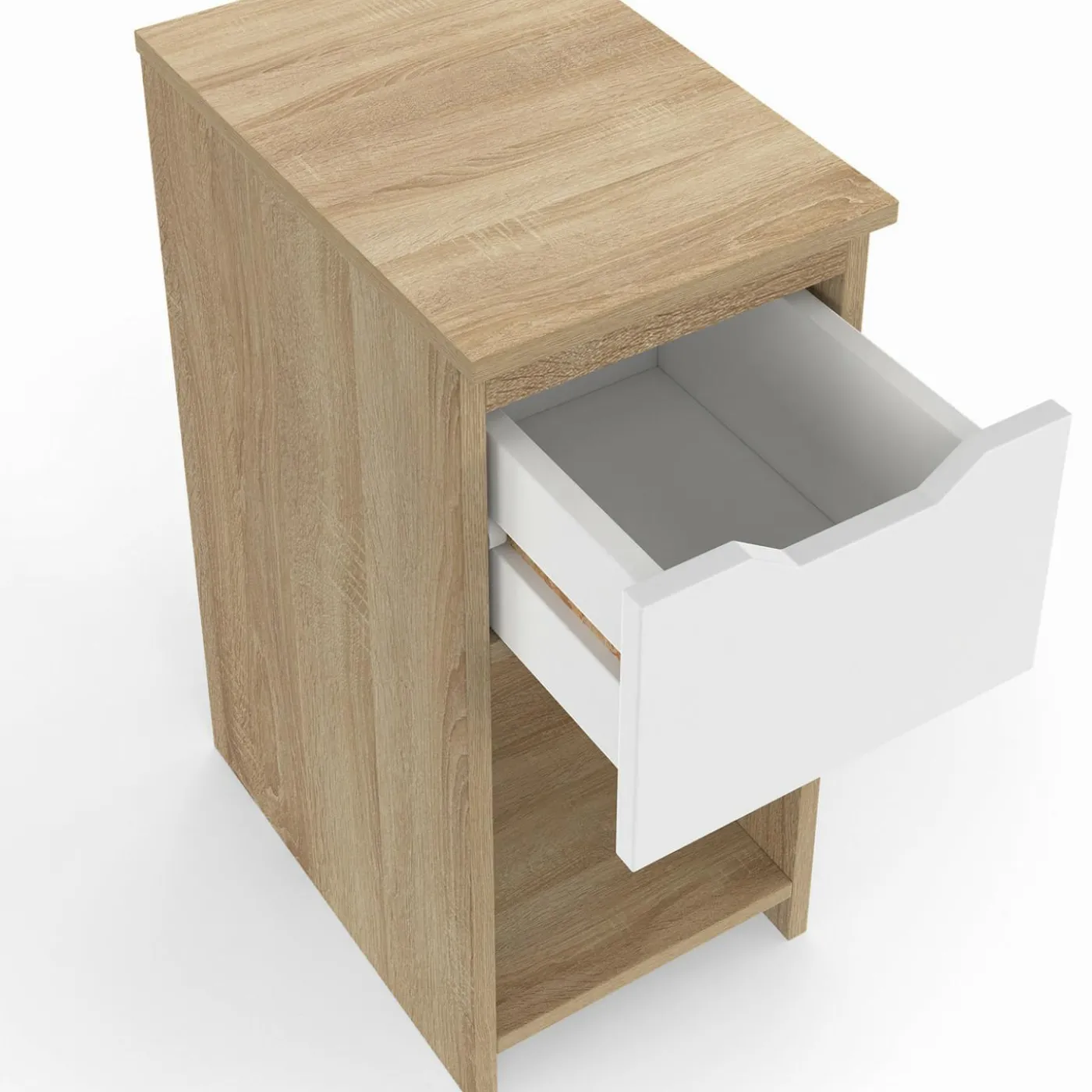Lot de 2 tables de chevet 1 tiroir avec niche bois façon hêtre et blanc