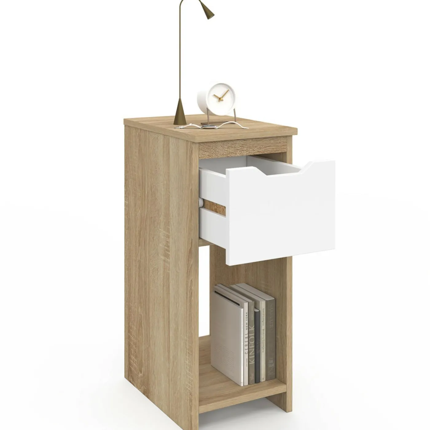 Lot de 2 tables de chevet 1 tiroir avec niche bois façon hêtre et blanc