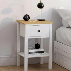 Lot de 2 tables de chevet 1 tiroir et 1 tablette blanc et plateau bois