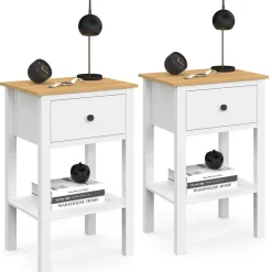 Lot de 2 tables de chevet 1 tiroir et 1 tablette blanc et plateau bois