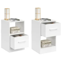 Lot de 2 tables de chevet 1 tiroir en tissu avec niche bois blanc