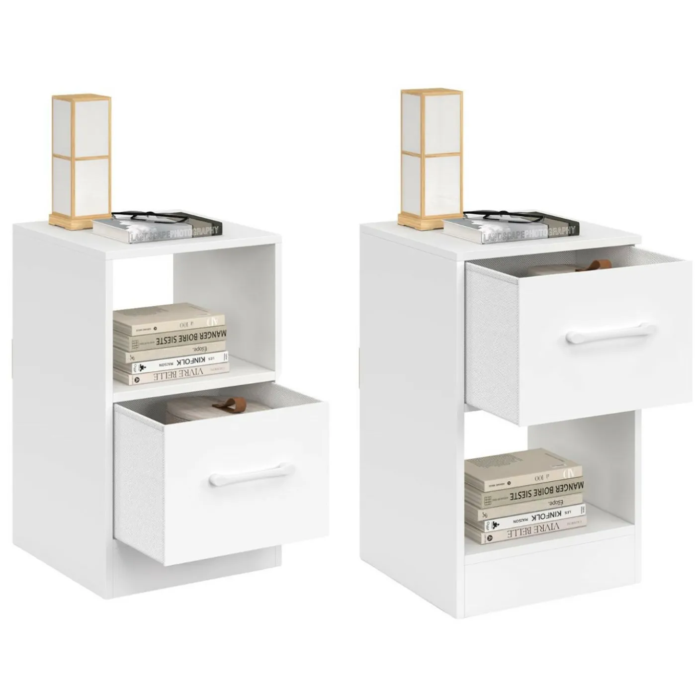 Lot de 2 tables de chevet 1 tiroir en tissu avec niche bois blanc