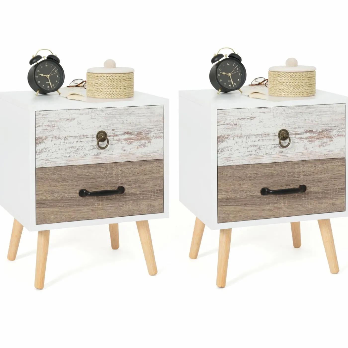 Lot de 2 tables de chevet scandinaves avec tiroirs blanc et bois