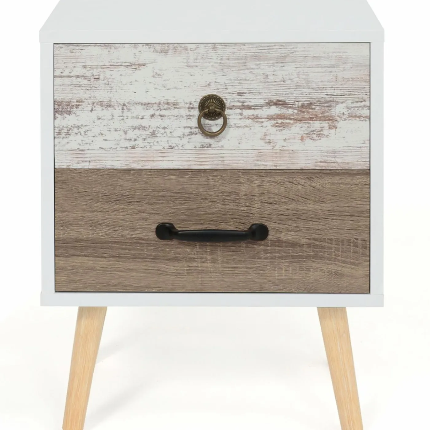 Lot de 2 tables de chevet scandinaves avec tiroirs blanc et bois