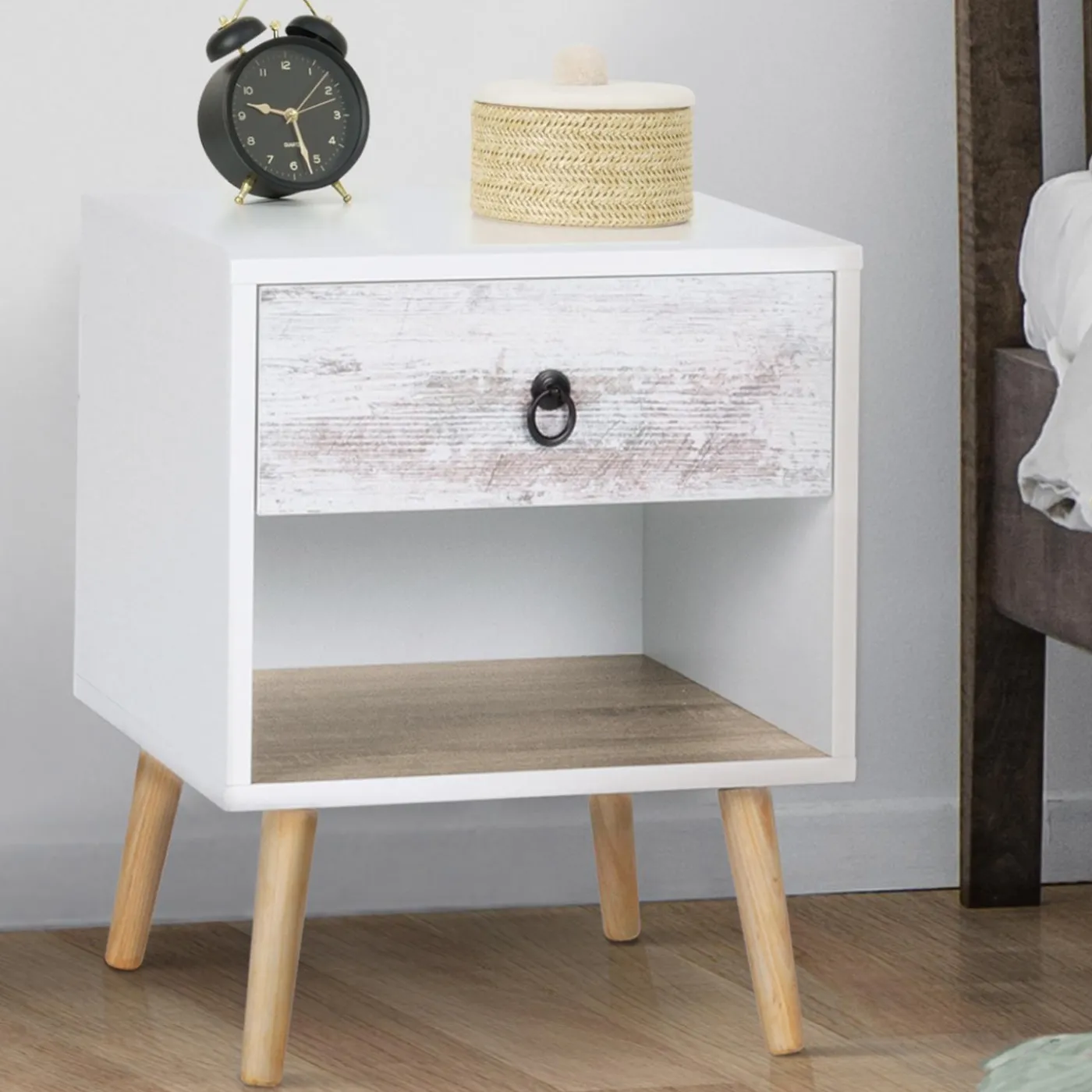 lot de 2 tables de chevet blanches effet vieilli 1 tiroir style scandinave