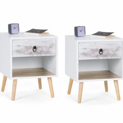 lot de 2 tables de chevet blanches effet vieilli 1 tiroir style scandinave