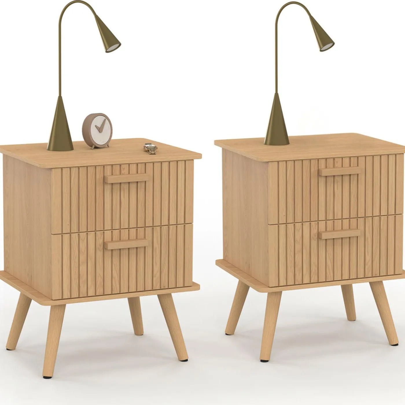 Lot de 2 tables de chevet 2 tiroirs lattes tasseau bois coloris chêne