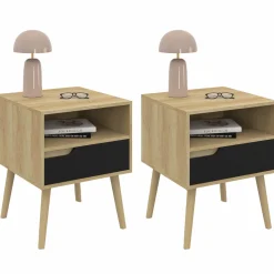 Lot de 2 tables de chevet scandinaves avec tiroir bois effet hêtre et noir