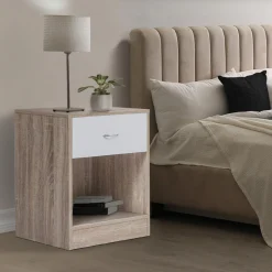 Lot de 2 tables de nuit bois façon hêtre tiroir blanc