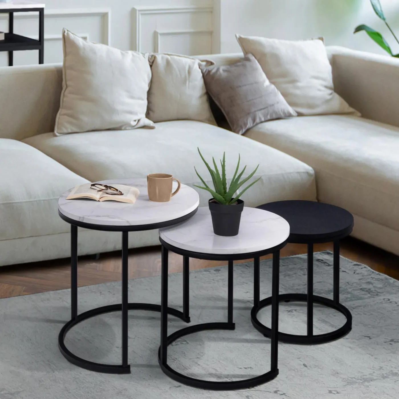 Lot de 3 tables gigognes rondes effet marbre et bois noir 35/40/45 cm