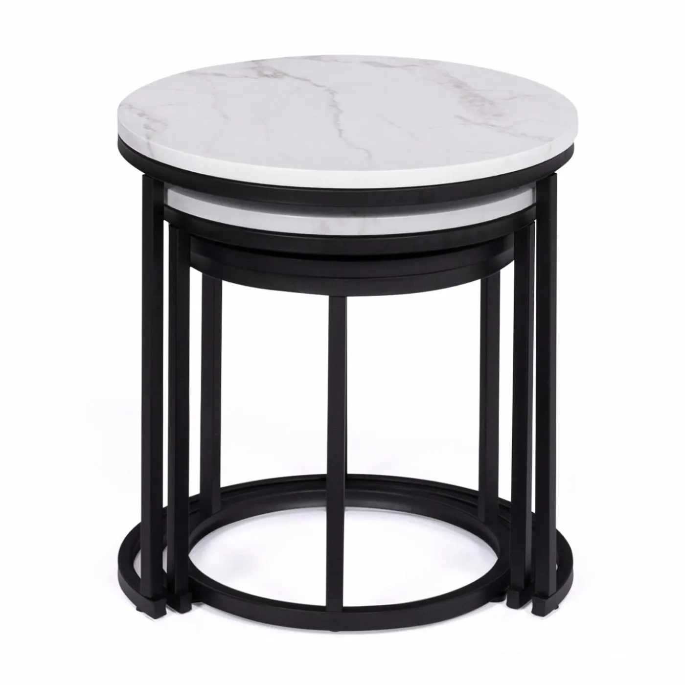 Lot de 3 tables gigognes rondes effet marbre et bois noir 35/40/45 cm